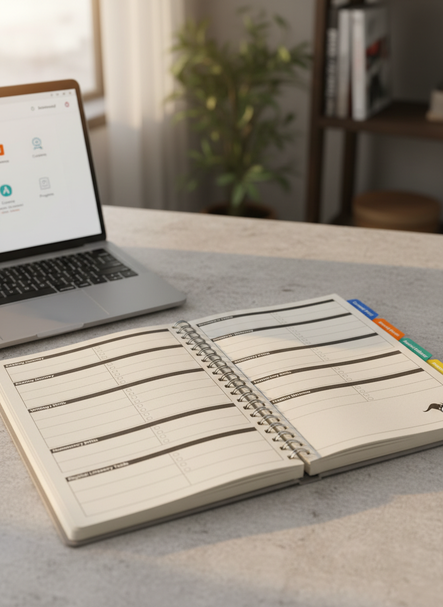 A close-up photographic shot of an Australian-themed learning planner open on a textured light-grey desk, its pages printed with weekly goals for reading, writing, numeracy, and digital tasks. Colourful tabs mark sections like “Community”, “Work”, and “Everyday Skills”. A slim laptop partially enters the frame from the side, its screen showing a calm, uncluttered learning portal. A small kangaroo logo in the corner of the planner subtly references the national focus. Gentle late-afternoon light from a nearby window creates soft highlights on the paper and metal spiral binding, with shallow depth of field blurring the background. The atmosphere is organised, encouraging, and future-focused, matching the professional tone of structured adult education.