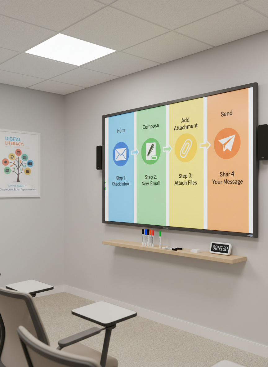 A large interactive whiteboard in a bright training room, displaying a colourful, step-by-step tutorial on how to use email, with clear icons for “Inbox”, “Compose”, and “Send”. On a slim floating shelf beneath, neatly aligned markers, an eraser, and a small digital timer reinforce a structured learning environment. The walls are a neutral light grey, accented by a single poster illustrating the benefits of digital literacy for community engagement and job opportunities. Overhead LED panels provide soft, uniform lighting, with no harsh shadows, giving a crisp, photographic realism. Shot from a slight side angle with moderate depth of field, the scene feels modern, inclusive, and highly practical, ideal for illustrating digital skills training in a professional setting.