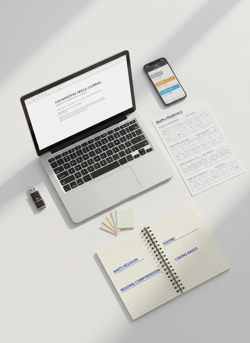 An overhead, photographic view of a well-organised adult study kit arranged on a smooth white table: a mid-sized laptop showing a simple word-processing document, a printed basic numeracy worksheet with neatly spaced sums, a lined notebook with clear headings, coloured sticky notes forming a small, tidy fan, and a USB drive labelled “My Learning”. A slim smartphone rests nearby, displaying a calendar with scheduled study sessions. Soft, natural morning light from the top of the frame creates subtle shadows and a calm, focused mood. The composition is carefully balanced with objects radiating from the laptop, and sharp focus throughout emphasizes clarity, structure, and the step-by-step nature of building foundation skills.