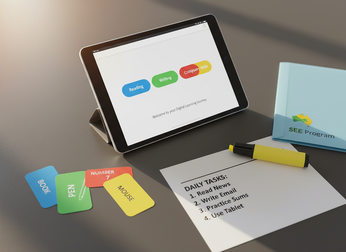 A close-up, photographic view of a sleek silver tablet lying on a matte charcoal table, its screen displaying an easy-to-read digital literacy course interface with large buttons labelled “Reading”, “Writing”, “Maths”, and “Computer Skills”. Around the tablet are colour-coded flashcards with simple words and numbers, a highlighter uncapped beside a clearly printed checklist, and a small Australian map icon printed on a folder labelled “SEE Program”. Soft afternoon light from the left casts delicate shadows and subtle highlights on the glass screen, giving the scene a realistic, tactile feel. Shot from a slightly elevated angle with shallow depth of field, the mood is focused, accessible, and supportive of adult learners.