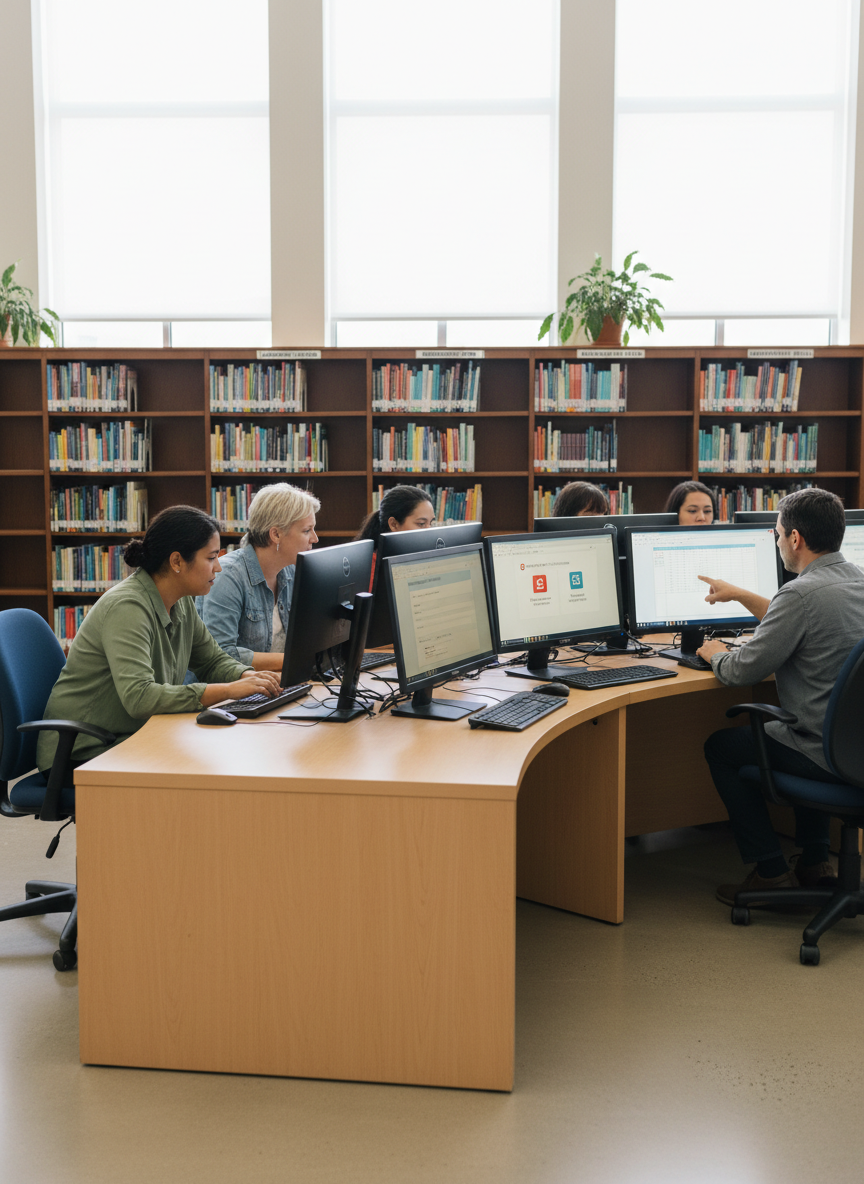A realistically rendered public library technology area, with a curved row of public-access computers on a light beech counter, each screen showing different digital literacy activities: online forms, a government services portal, and a basic budgeting spreadsheet. Tall shelves of neatly arranged books on language, maths, and employability frame the background in gentle blur. Large windows allow diffused daylight to flood the space, reflecting softly off the monitor bezels and polished floor. Photographic realism captured with a wide-angle lens at standing eye level, the mood is welcoming, community-focused, and quietly industrious, highlighting accessible learning spaces where adults can develop reading, writing, maths and computer skills.