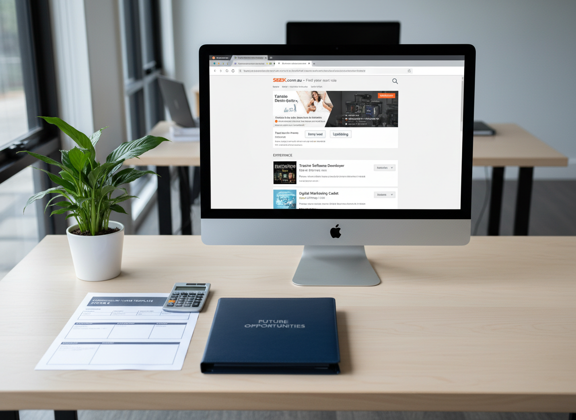 A clean, professional job-search workstation set on a pale birch desk, featuring a desktop computer displaying an Australian job website filtered by “entry-level” and “upskilling”. Beside the monitor lies a printed CV template with key sections clearly labelled, a calculator positioned neatly on the top corner, and a navy-blue folder embossed with “Future Opportunities”. A modest indoor plant in a white ceramic pot softens the scene. Cool, even daylight from a nearby window combines with soft overhead lighting, eliminating harsh contrasts. Photographic realism, captured straight-on with balanced composition and moderate depth of field, creates a reassuring, organised atmosphere that highlights how improved digital and foundation skills open pathways to employment.