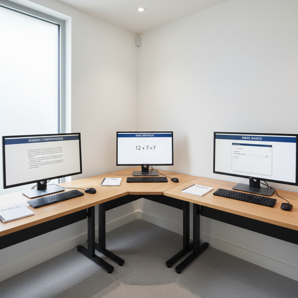 An inviting corner of a contemporary training room with three computer workstations arranged along a clean white wall, each equipped with a widescreen monitor showing different stages of learning: a reading comprehension passage, a simple maths problem, and a basic email interface. The desks are a warm ash wood, each with a neatly placed keyboard, mouse, and a small notepad marked “Goals” in clear handwriting. Soft diffused ceiling lights and indirect daylight from a frosted window create an even, glare-free environment. Photographic realism with a wide-angle lens and sharp focus throughout, presenting a bright, organised, and professional space for building foundation skills and confidence.